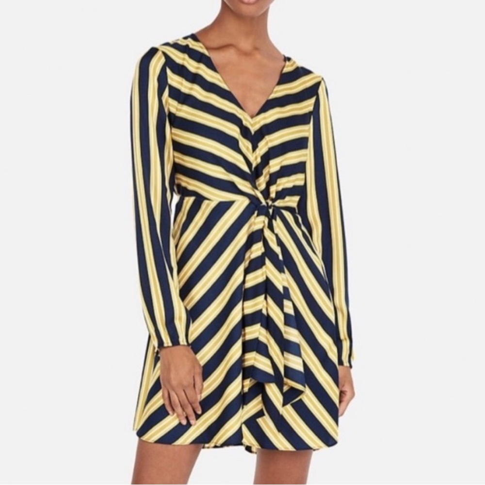 Express Navy and Yellow Striped Long Sleeve Dress